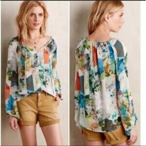 LEIFSDOTTIR Top Women 4 Green Silk Floral Catappa Blouse Crew Neck Ballon Sleeve